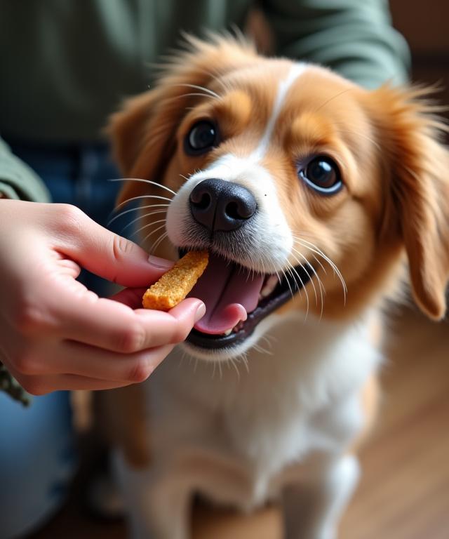 A trainer giving a high-value treat to a small dog that has successfully performed a trick.