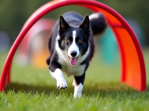 A Border Collie excitedly running through an agility tunnel.